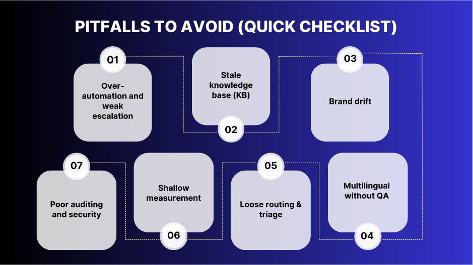 Chatbot pitfalls to avoid: stale KB, weak escalation, brand drift, no QA