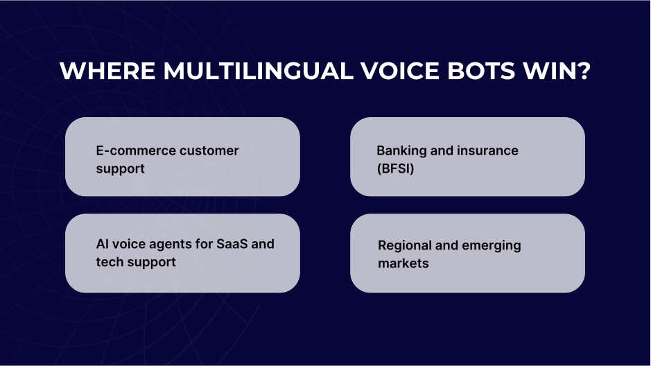 Industries where multilingual voice bots perform well, including e-commerce, BFSI, SaaS support, and regional markets