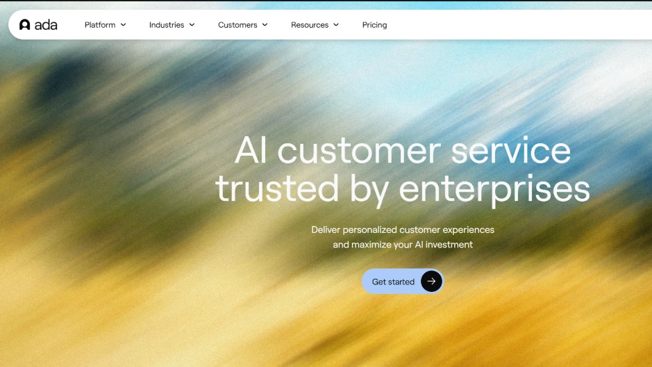 Ada AI customer service platform homepage showing “AI customer service trusted by enterprises”