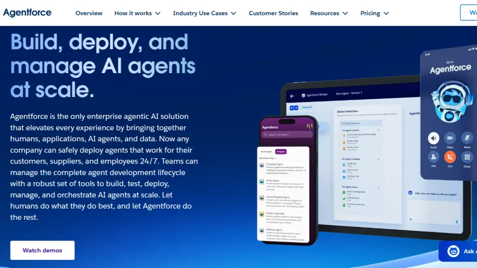 Agentforce platform page showing “Build, deploy, and manage AI agents at scale” interface preview