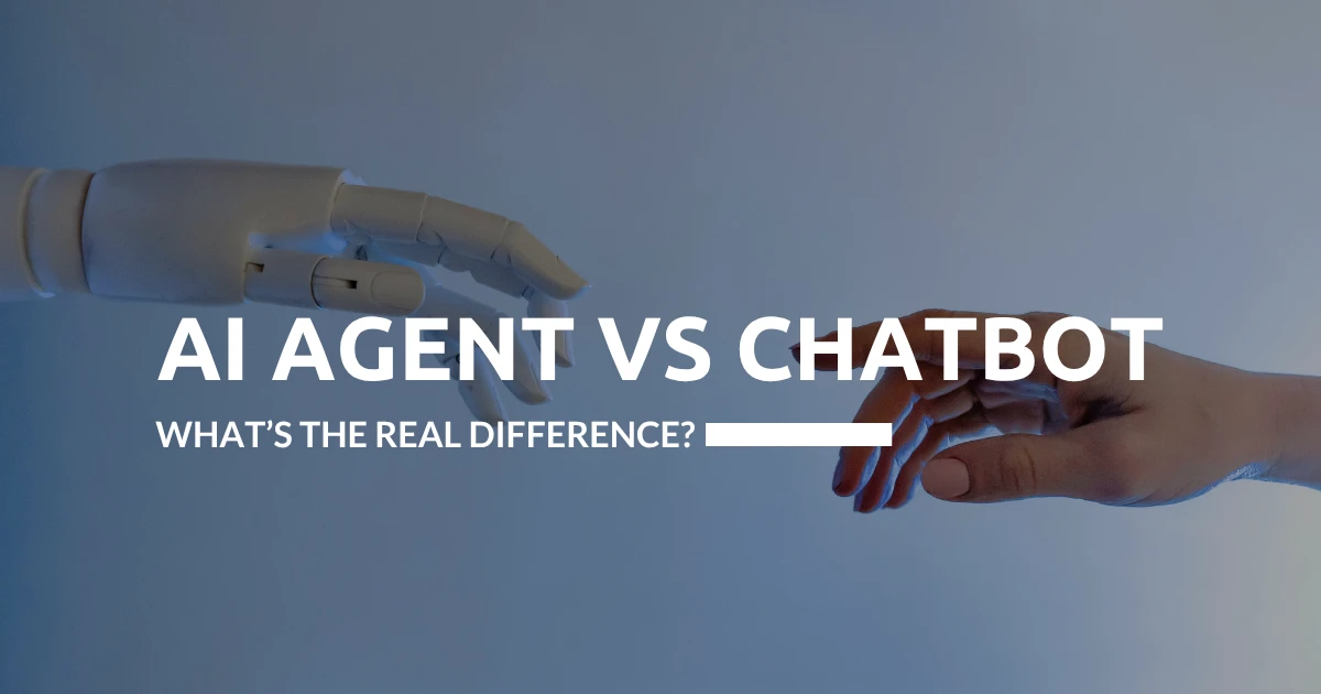 Photo of a robotic hand and a human hand reaching toward each other, captioned AI agent vs chatbot, what's the real difference