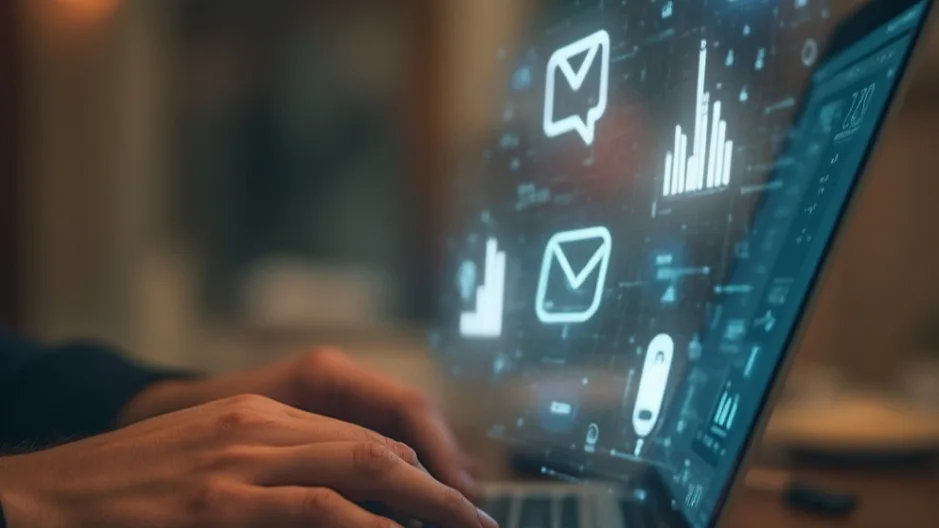 Person typing on laptop with digital icons showing automation and messaging.