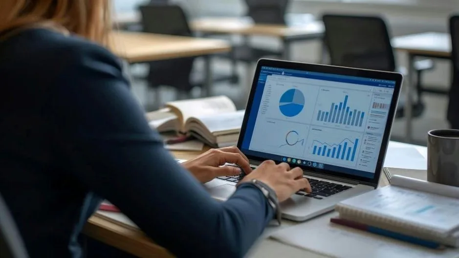 Professional viewing voice AI analytics dashboard with call center metrics and performance data on laptop