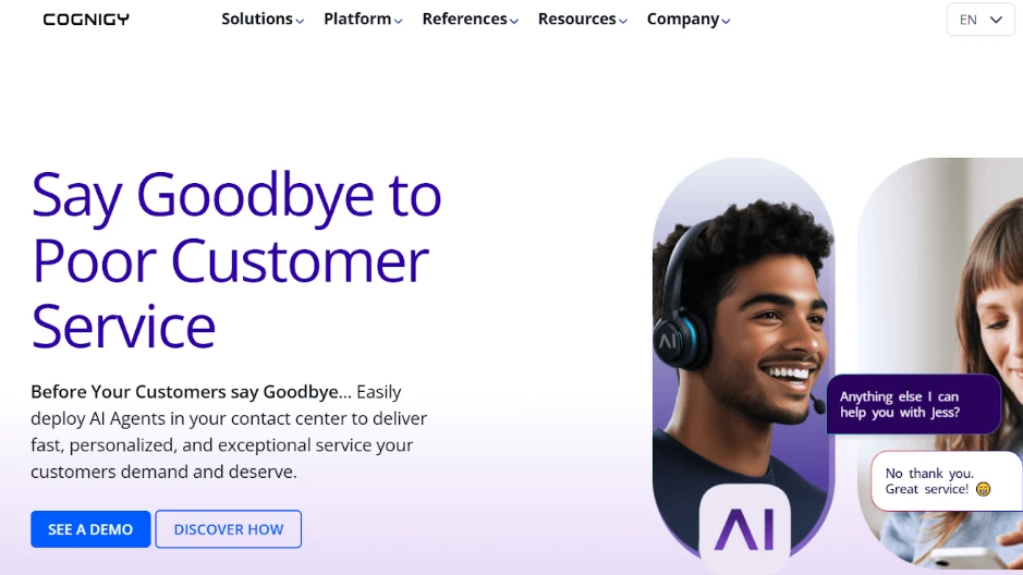 Cognigy AI agent interface for customer service automation and live chat demos