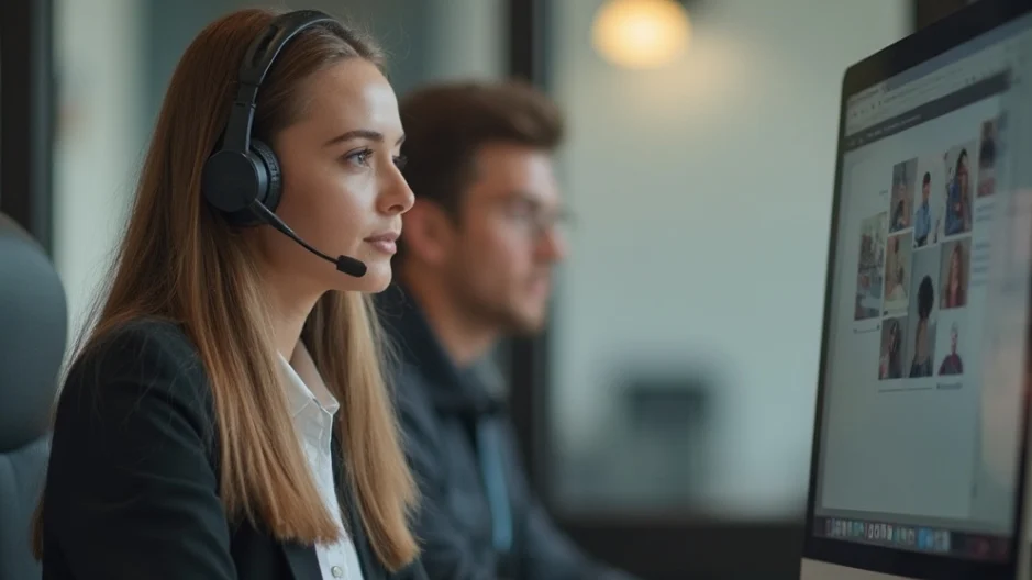 Customer support agent with headset assisting clients through live chat