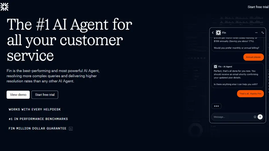Intercom Fin AI agent webpage showing “#1 AI Agent for customer service” with chat example