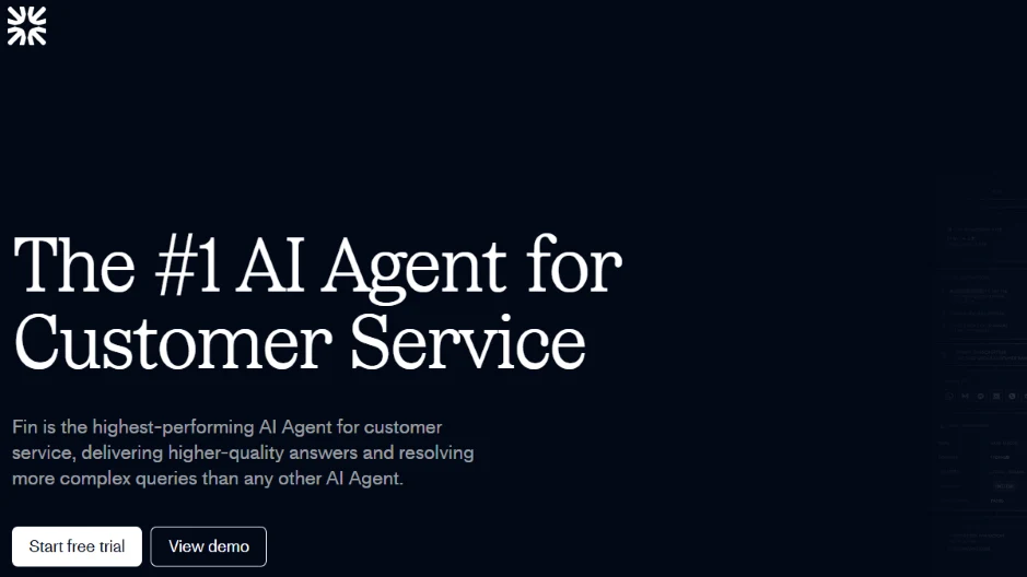 Intercom Fin AI chatbot interface with synced help content and agent handoff