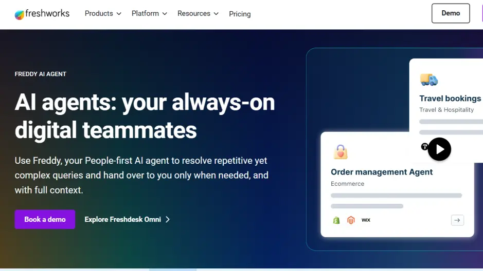 Freshworks Freddy AI Agent page showing “AI agents: your always-on digital teammates” with demo preview