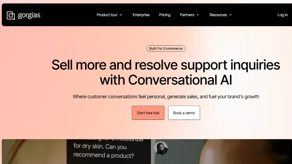 Gorgias ecommerce helpdesk homepage with headline Sell more and resolve support inquiries with Conversational AI