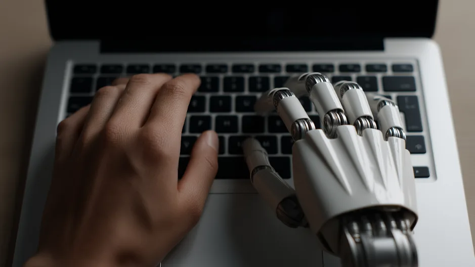 Human hand and robotic AI hand typing together on laptop keyboard symbolizing human-AI collaboration in customer service