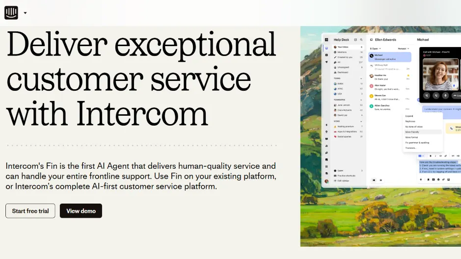 Intercom customer service platform homepage with headline Deliver exceptional customer service with Intercom and Fin AI agent interface