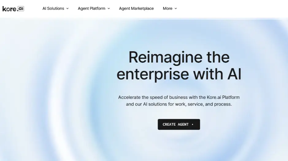 Kore.ai enterprise AI platform homepage showing “Reimagine the enterprise with AI” and create agent CTA