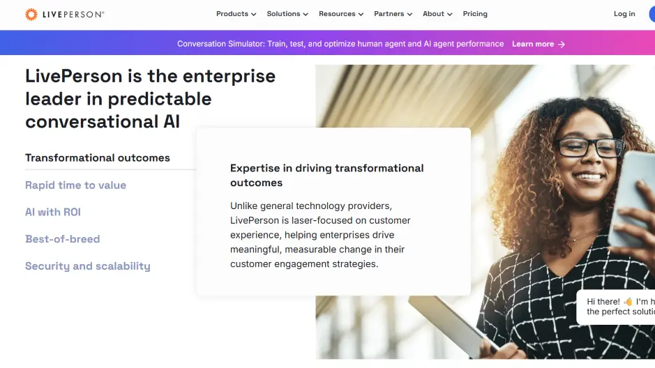 LivePerson conversational AI platform page with enterprise messaging experience and automation highlights