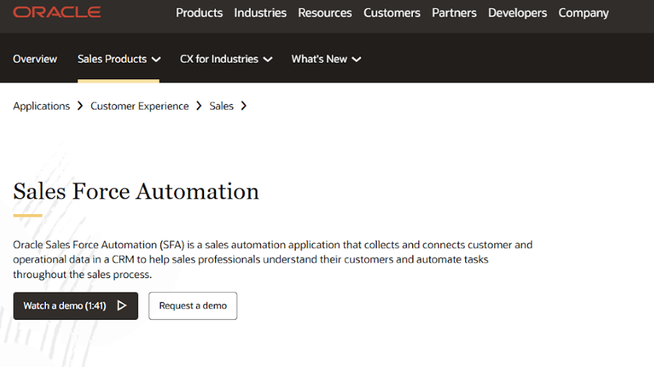 Oracle Sales Force Automation platform for customer data, workflows, and AI insights
