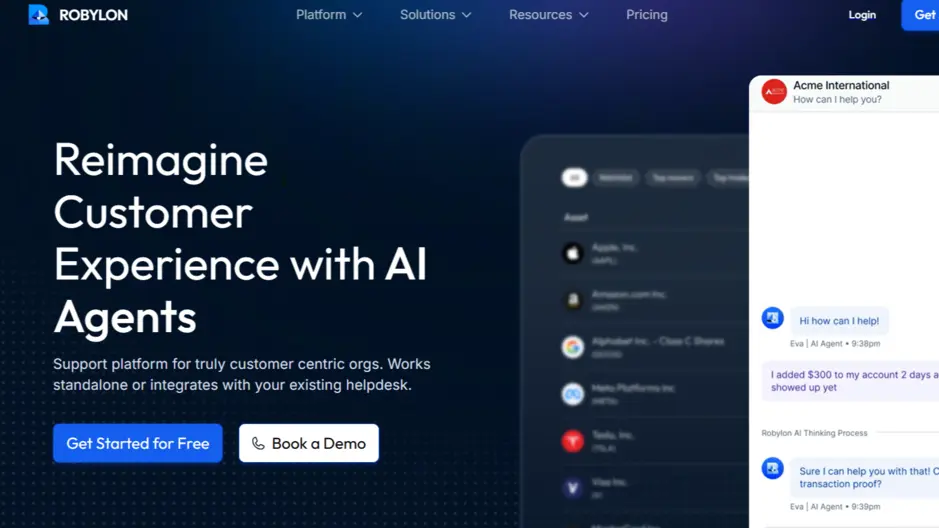 Robylon AI homepage showing “Reimagine Customer Experience with AI Agents”