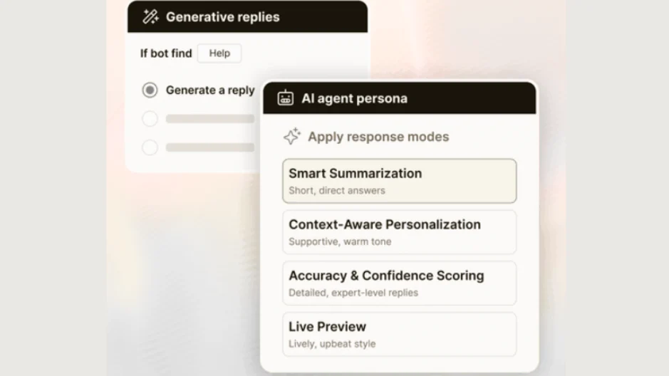 AI agent persona settings showing response modes like smart summarization and personalization.