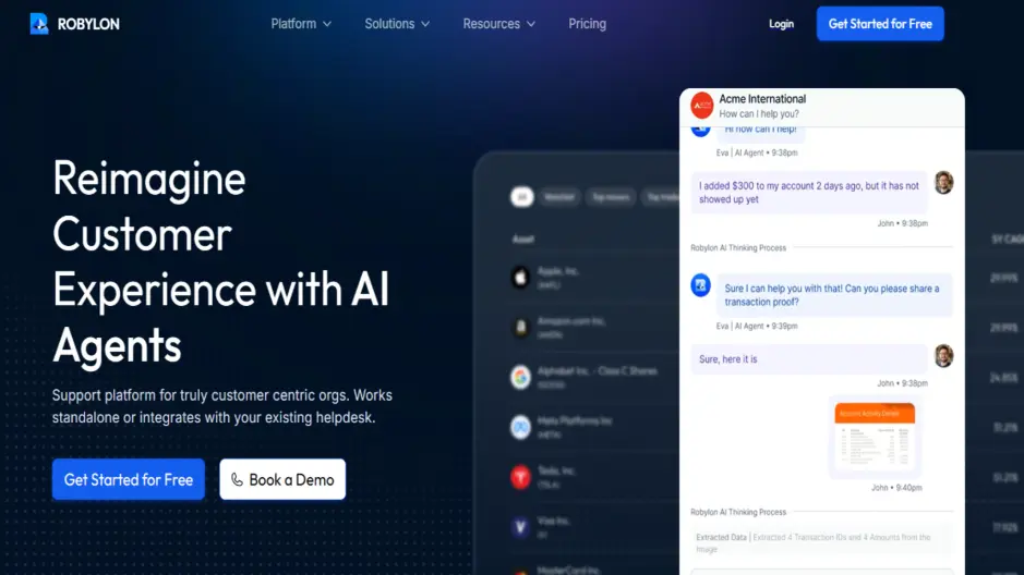 Robylon AI agents platform homepage showing customer support chat UI and demo conversation