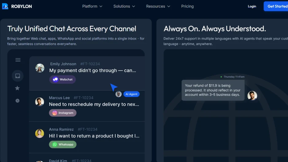 Robylon AI chatbot interface showing unified chat across multiple channels.