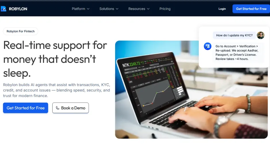 Robylon fintech landing page showing AI support for KYC, transactions, credit, and account issues