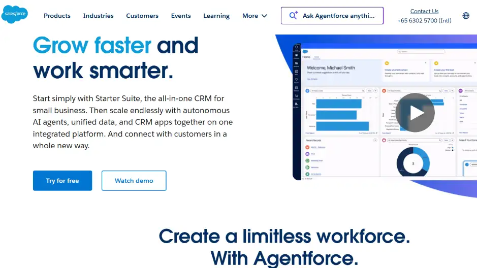 Salesforce Agentforce CRM homepage with headline Grow faster and work smarter