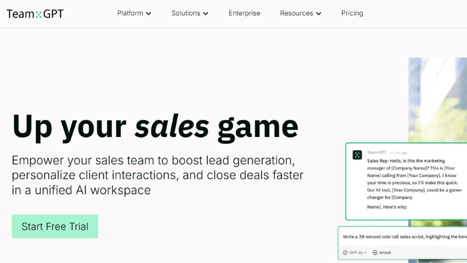 TeamGPT AI sales workspace for lead generation, scripts, and deal closing