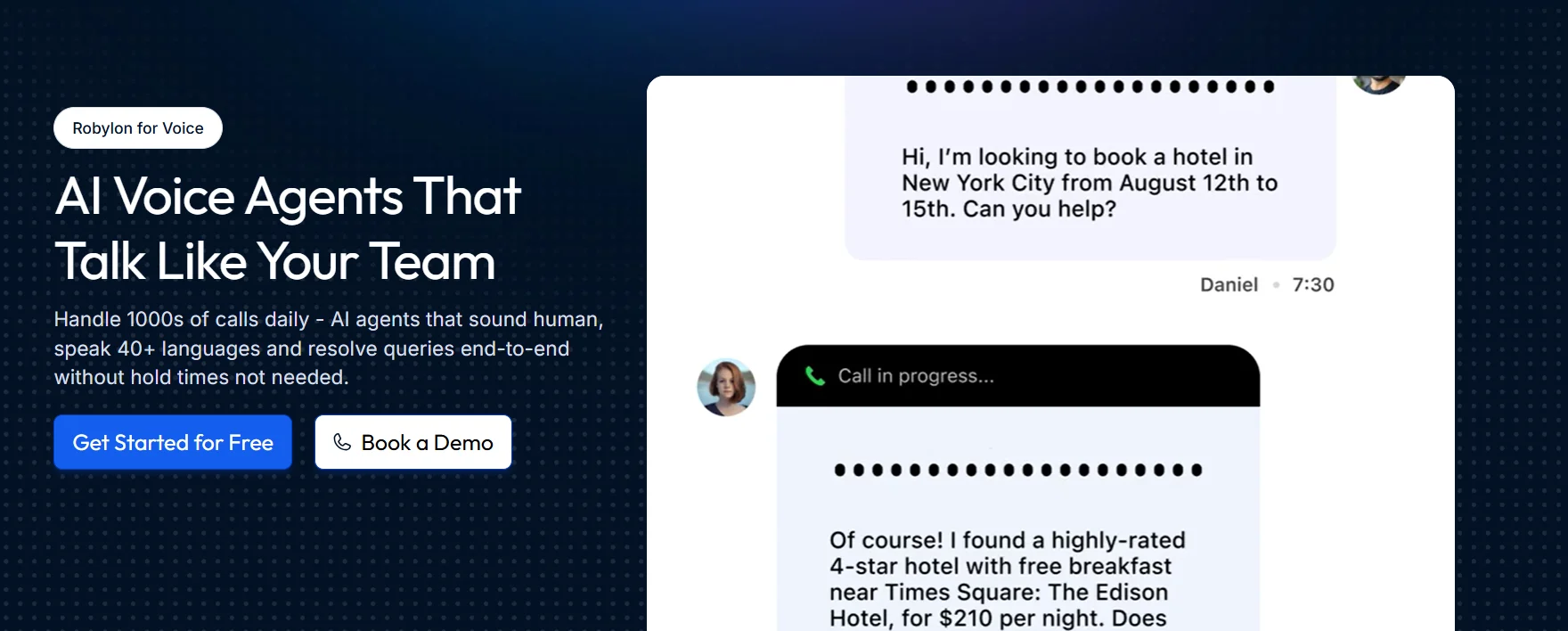 Robylon AI voice agent on a call that helps a user book a hotel, highlighting natural, human-like conversation.