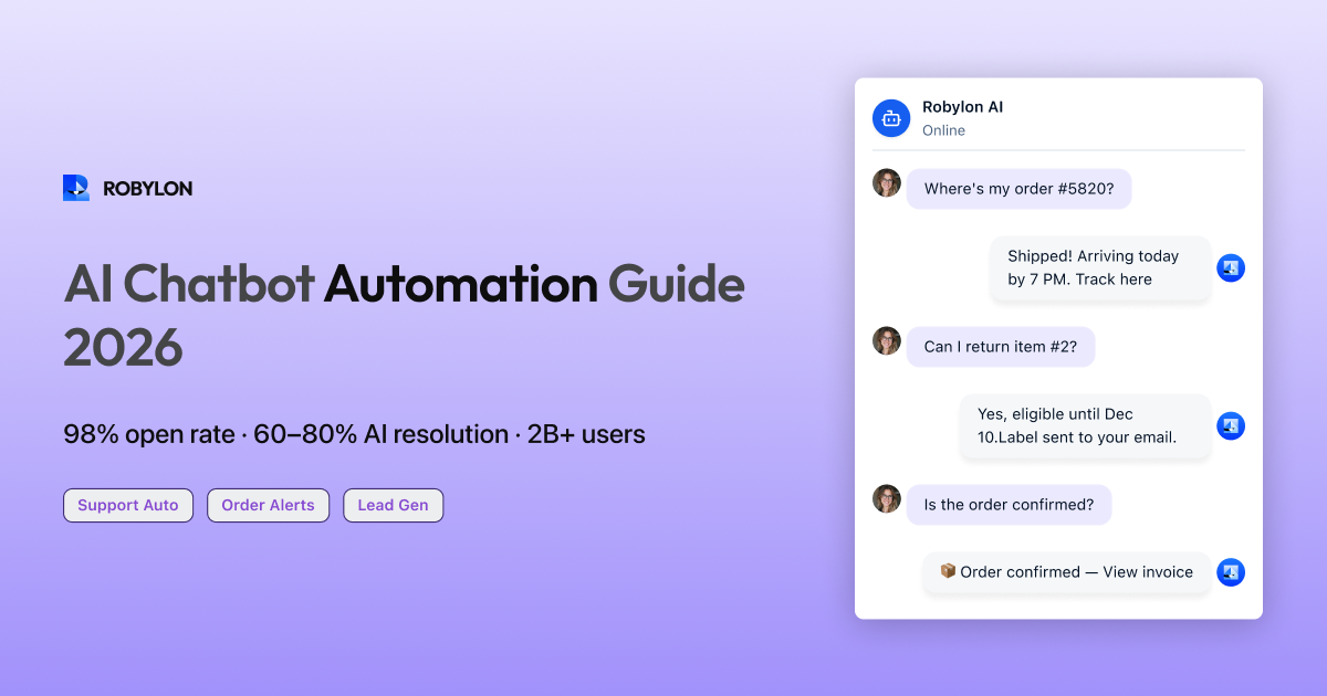 Graphic reading AI Chatbot Automation Guide 2026, beside a mock chat where Robylon AI answers three order questions