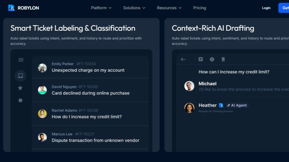 Robylon AI dashboard showing smart ticket labeling and AI drafting for customer support.
