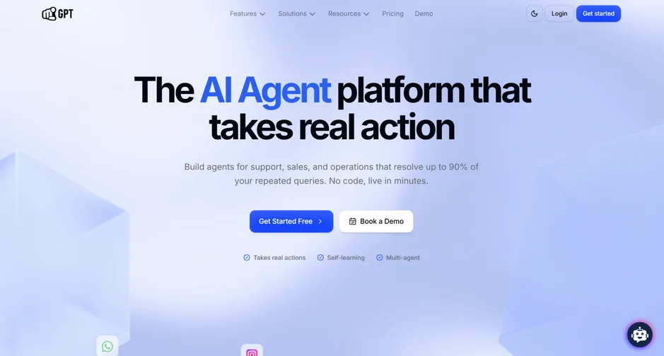 YourGPT homepage with the headline “The AI Agent platform that takes real action” and Get Started Free and Book a Demo buttons