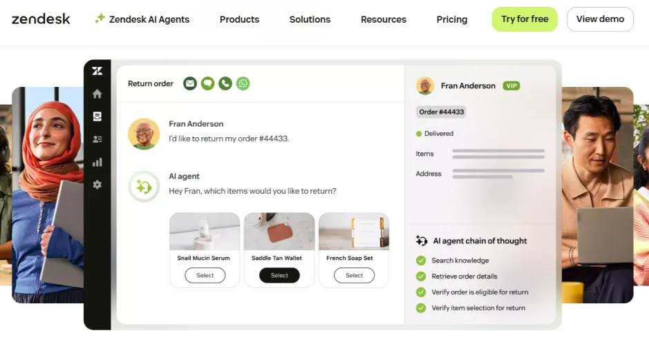 Zendesk AI agents interface showing customer return order conversation and AI agent chain of thought checklist