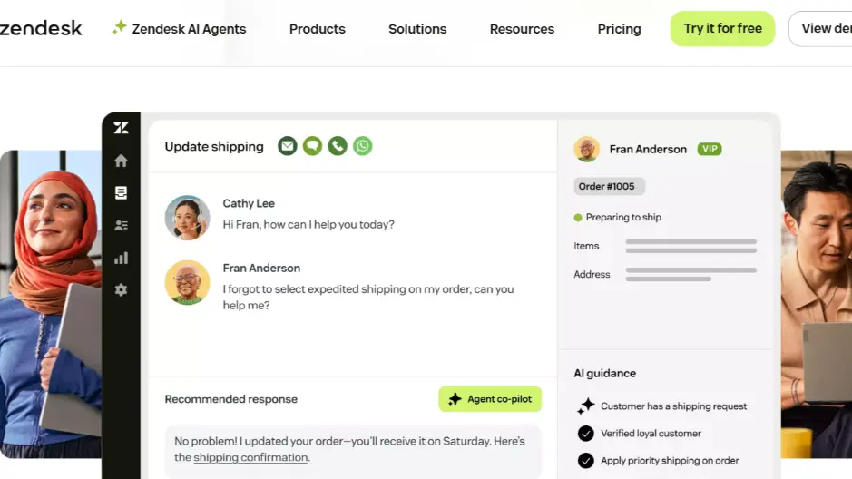Zendesk AI Agents interface showing agent co-pilot guidance and shipping update support workflow