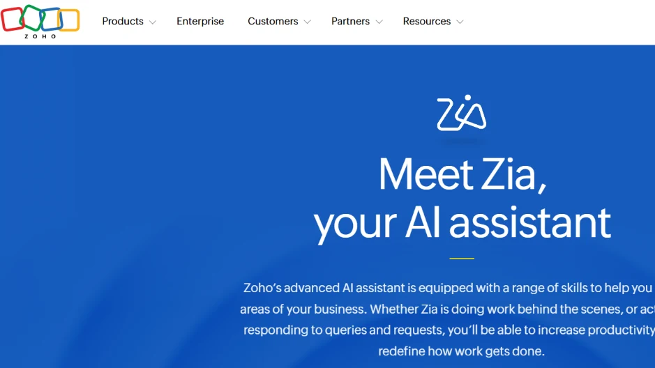 Zoho Desk interface with Zia AI assistant and omnichannel support tools