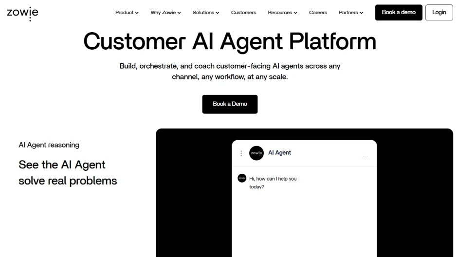 Zowie Customer AI Agent Platform homepage showing AI agent reasoning and chat widget demo