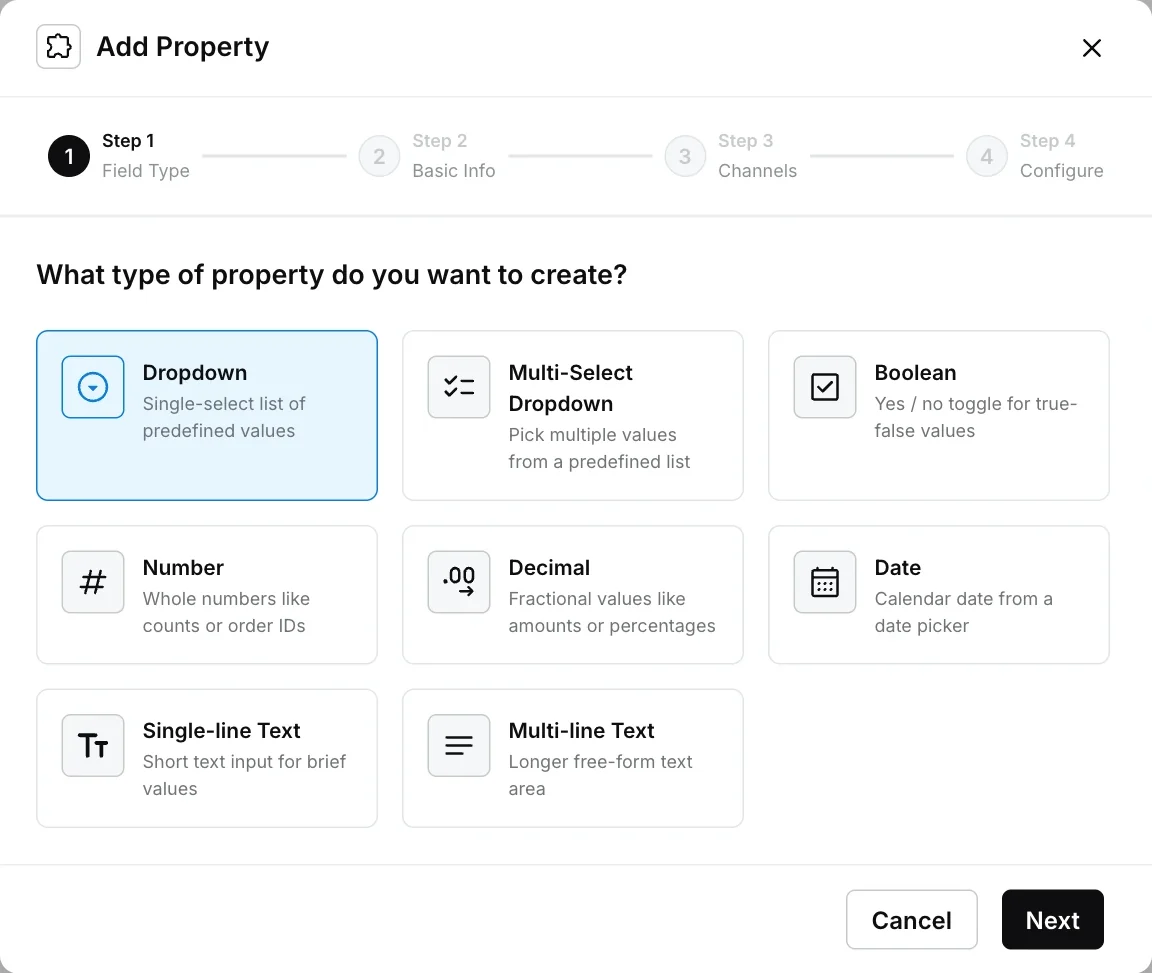 Add Property dialog, step 1, choosing the field type
