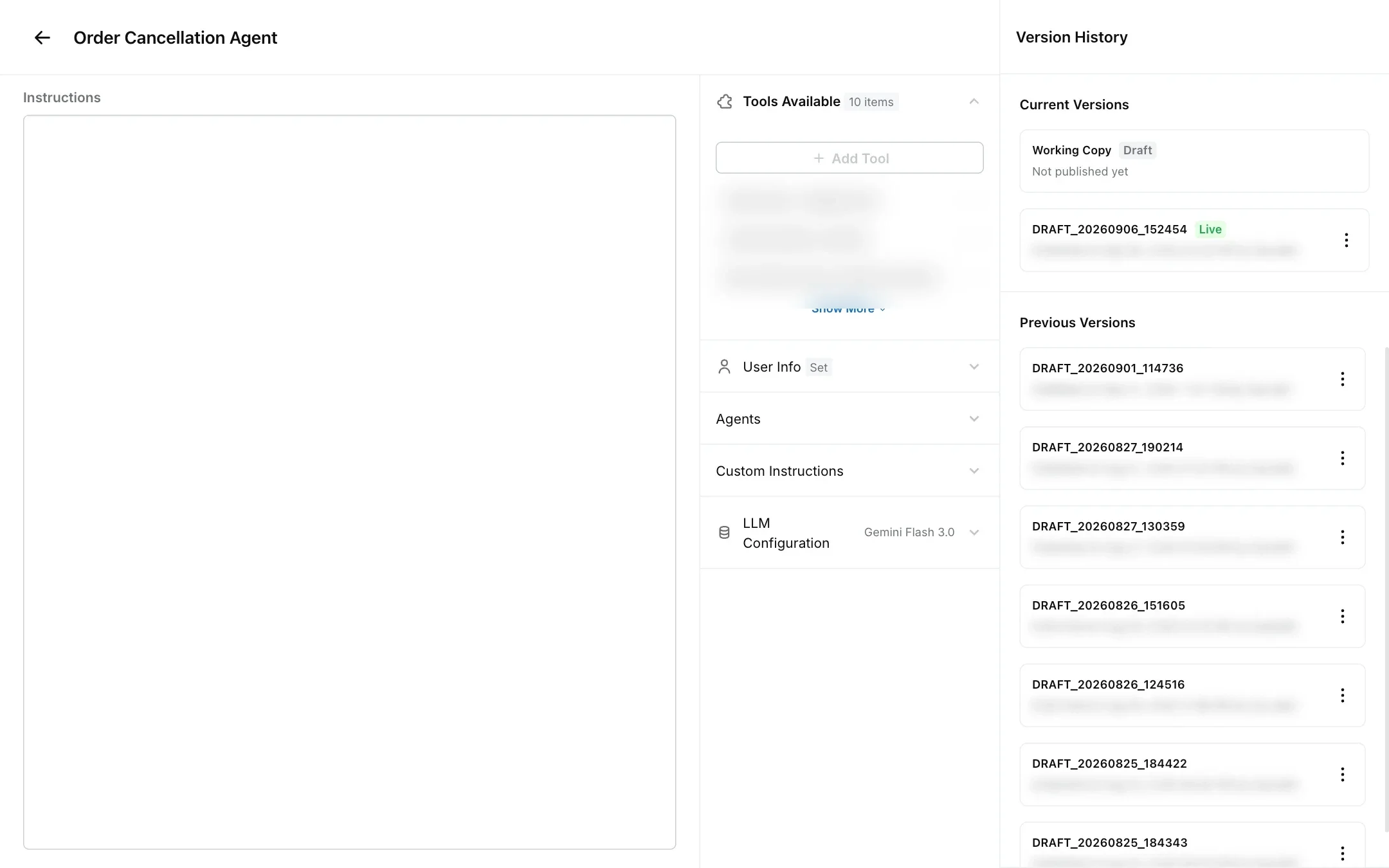AI agent Version History panel showing the working copy, the live version and previous versions