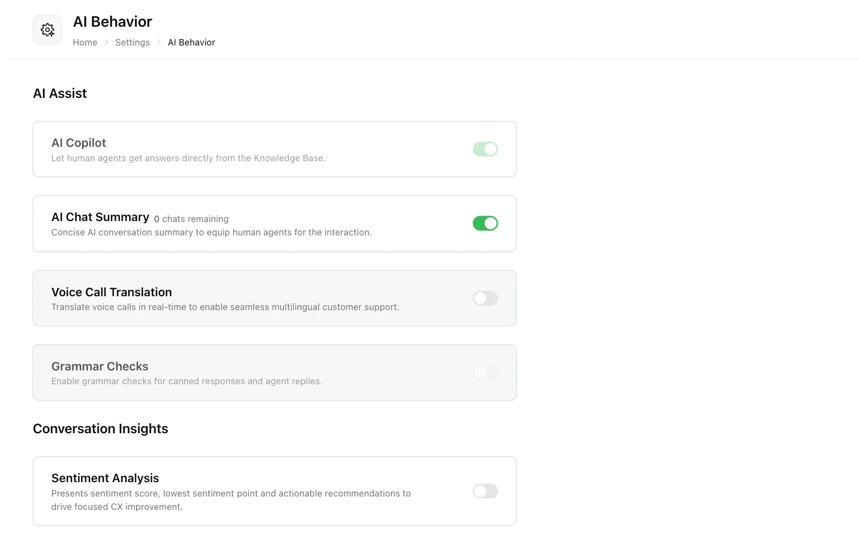 AI Behavior settings with AI Copilot, AI Chat Summary, Voice Call Translation, Grammar Checks and Sentiment Analysis switches