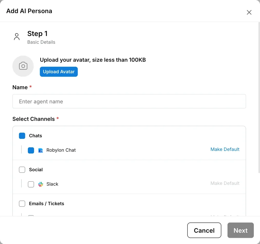Add AI Persona form, step 1, with avatar upload, name and channel selection