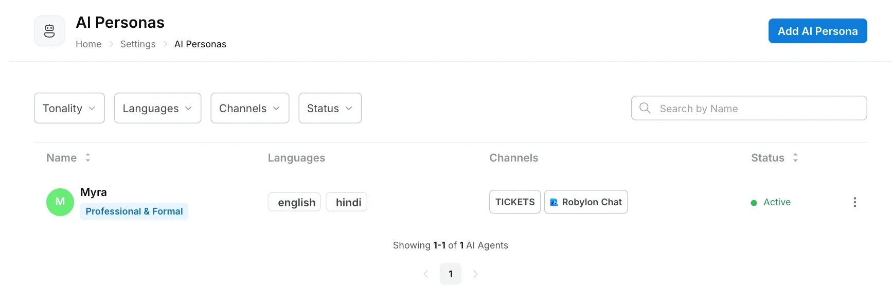 AI Personas list with filters for tonality, languages, channels and status