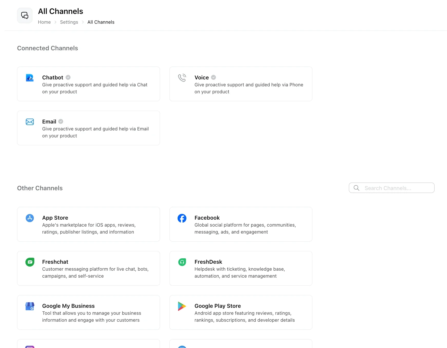 All Channels page listing connected channels and other available channels
