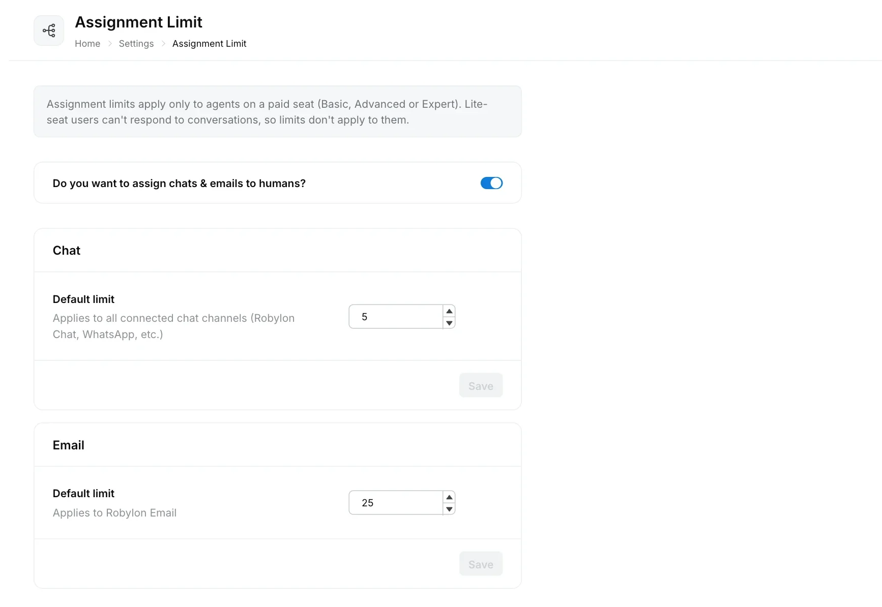 Assignment Limit settings with the switch to assign chats and emails to humans, and default chat and email limits