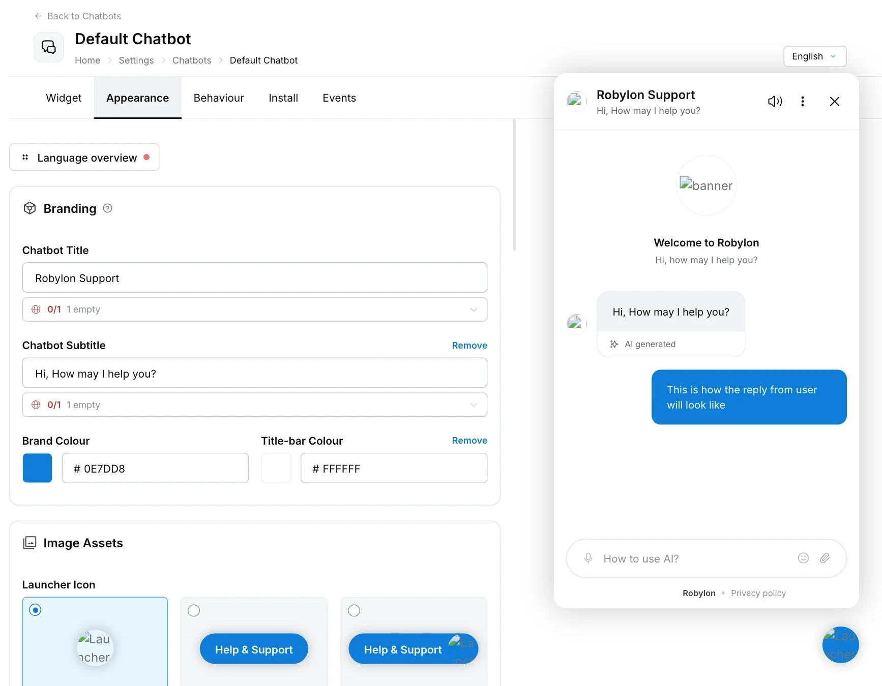 Chatbot Appearance tab with branding fields, brand colours and launcher icon options, and a live preview