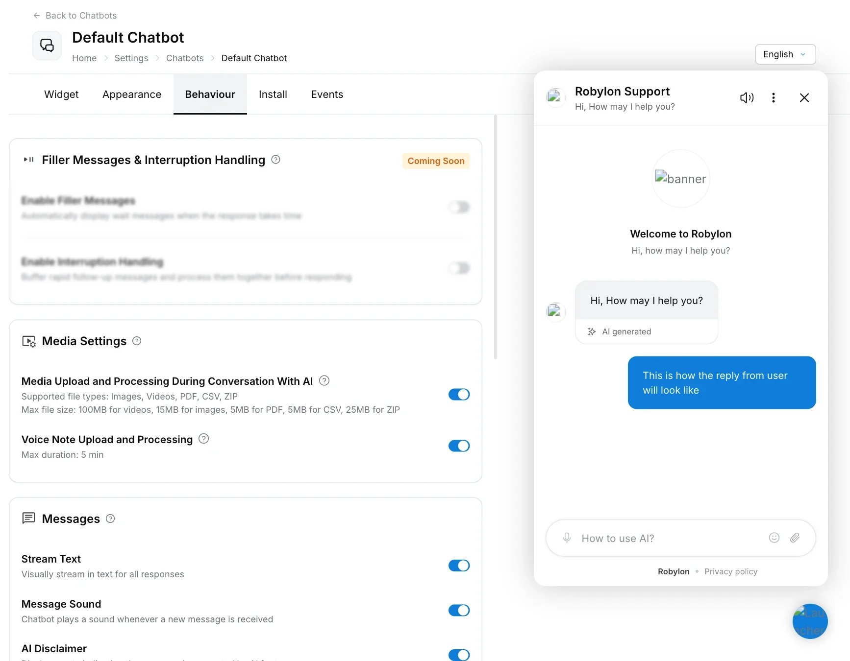 Chatbot Behaviour tab with media settings and message options, and a live preview