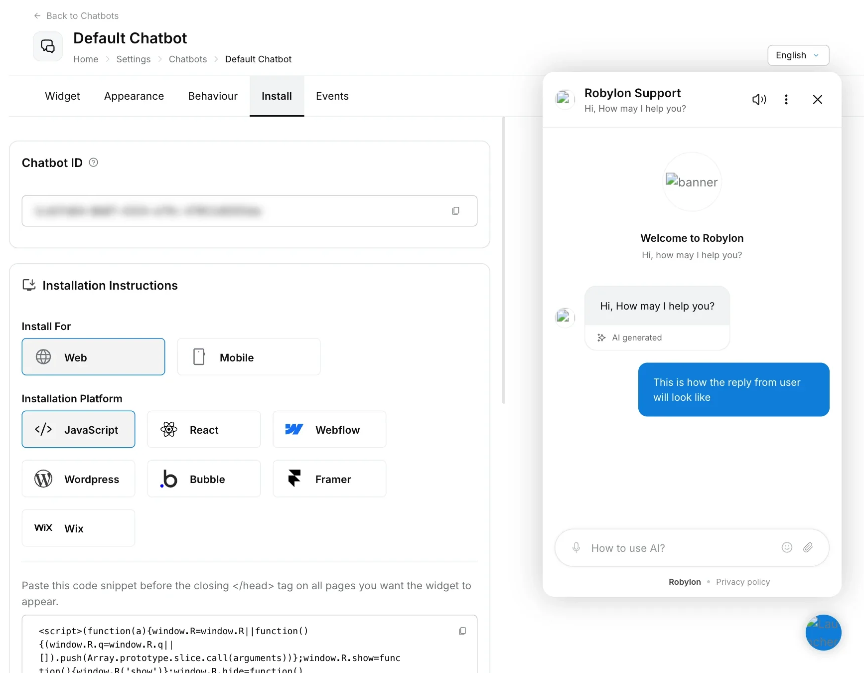 Chatbot Install tab with the Chatbot ID, Web and Mobile options, installation platforms and the JavaScript snippet