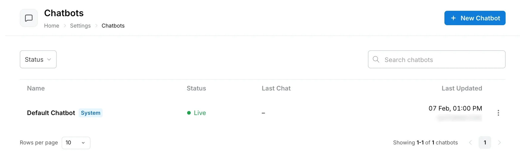 Chatbots list in Settings with a New Chatbot button