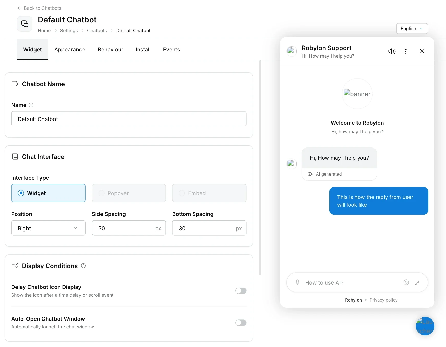 Chatbot Widget tab with name, interface type, position and display conditions, and a live preview