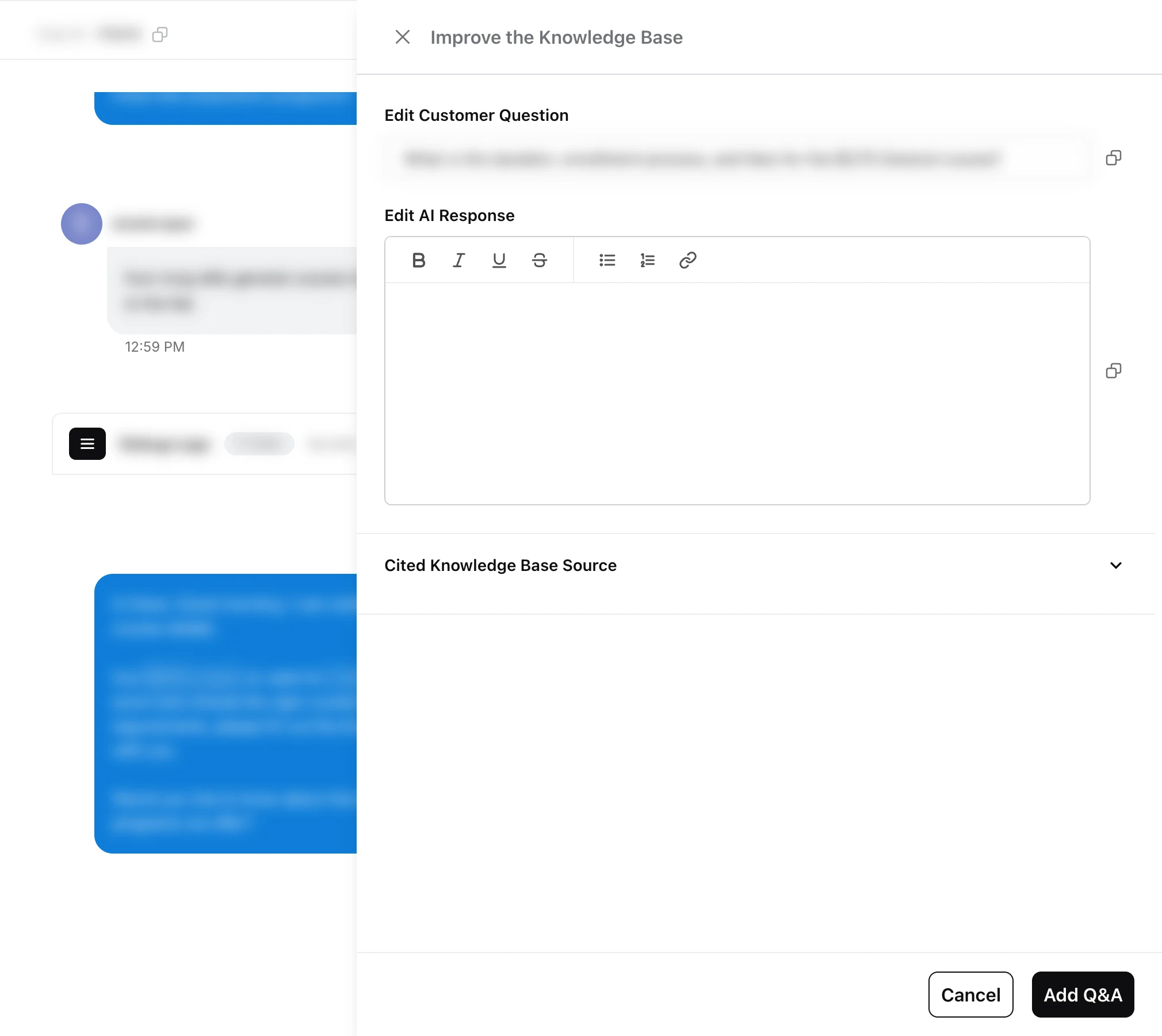 Improve the Knowledge Base panel beside a conversation, with Edit Customer Question, Edit AI Response, Cited Knowledge Base Source and Add Q&A