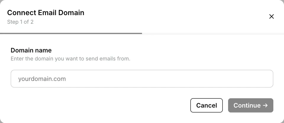 Connect Email Domain dialog, step 1, asking for the domain name