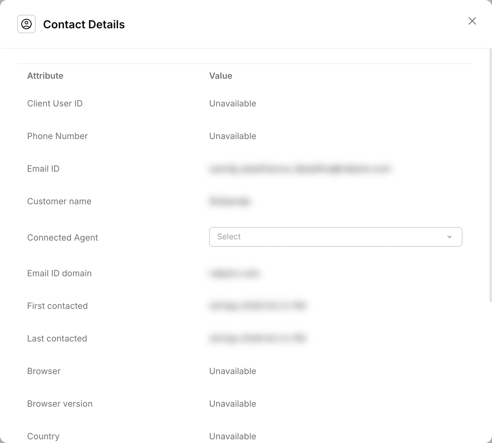 Contact Details window listing a contact attributes, such as Client User ID, Phone Number, Email ID, Customer name and Connected Agent