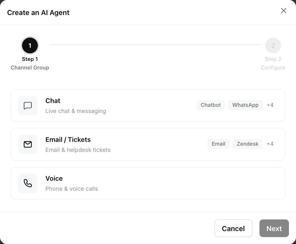 Create an AI Agent dialog, step 1, choosing the Chat, Email / Tickets or Voice channel group