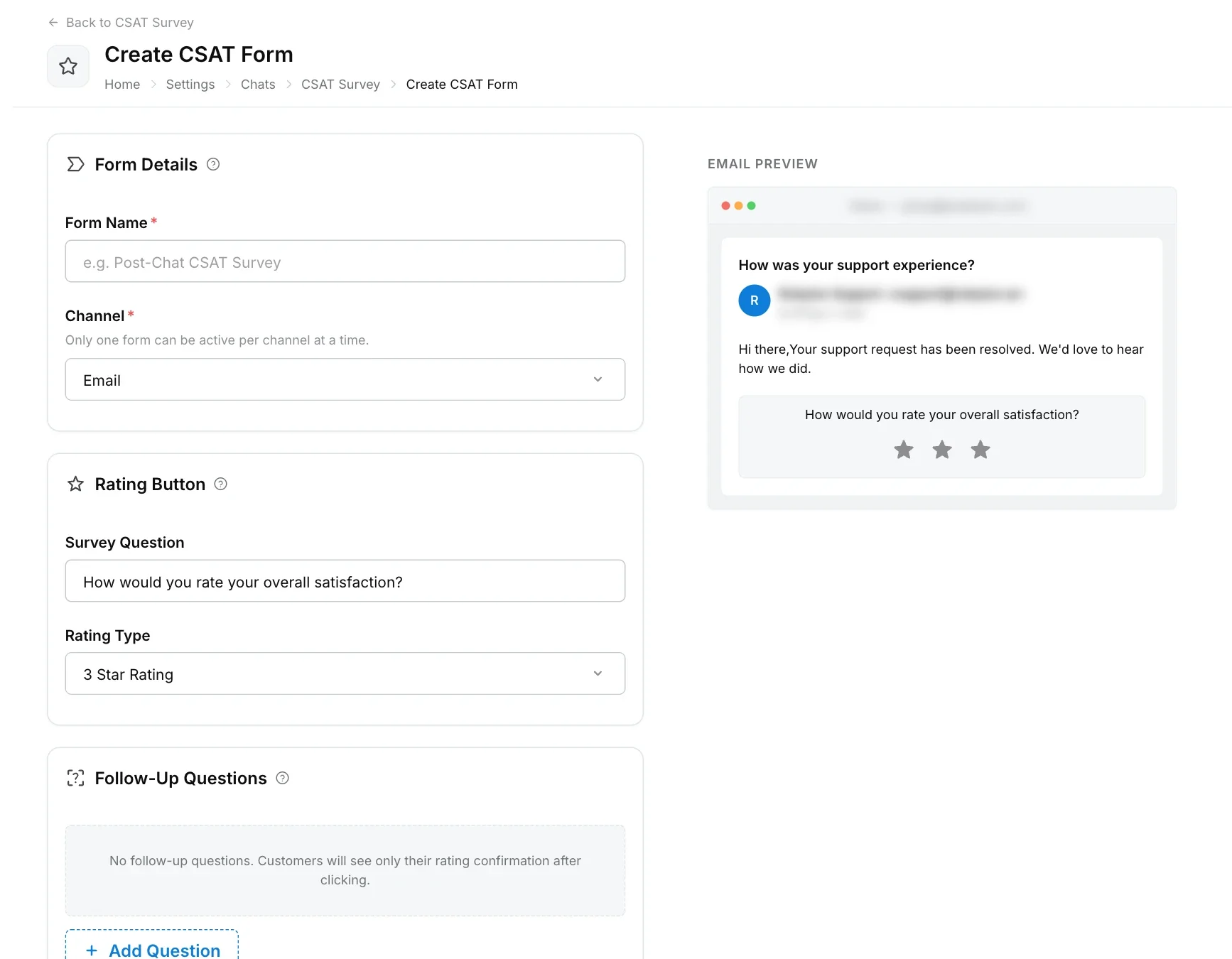 Create CSAT Form page with form details, rating button settings, follow-up questions and an email preview